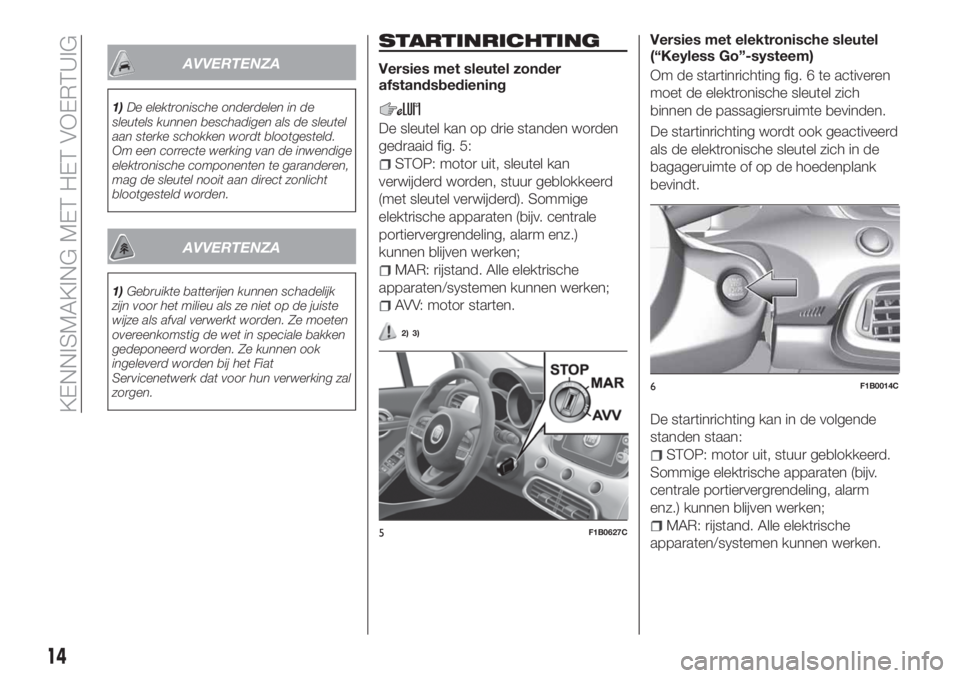FIAT 500X 2018 Instructieboek (in Dutch) AVVERTENZA
1)De elektronische onderdelen in de
sleutels kunnen beschadigen als de sleutel
aan sterke schokken wordt blootgesteld.
Om een correcte werking van de inwendige
elektronische componenten te FIAT 500X 2018 Instructieboek (in Dutch) AVVERTENZA
1)De elektronische onderdelen in de
sleutels kunnen beschadigen als de sleutel
aan sterke schokken wordt blootgesteld.
Om een correcte werking van de inwendige
elektronische componenten te