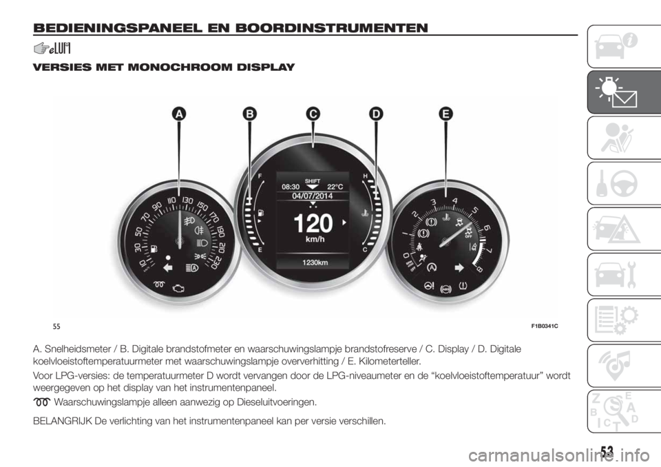FIAT 500X 2018  Instructieboek (in Dutch) BEDIENINGSPANEEL EN BOORDINSTRUMENTEN
VERSIES MET MONOCHROOM DISPLAY
A. Snelheidsmeter / B. Digitale brandstofmeter en waarschuwingslampje brandstofreserve / C. Display / D. Digitale
koelvloeistoftemp