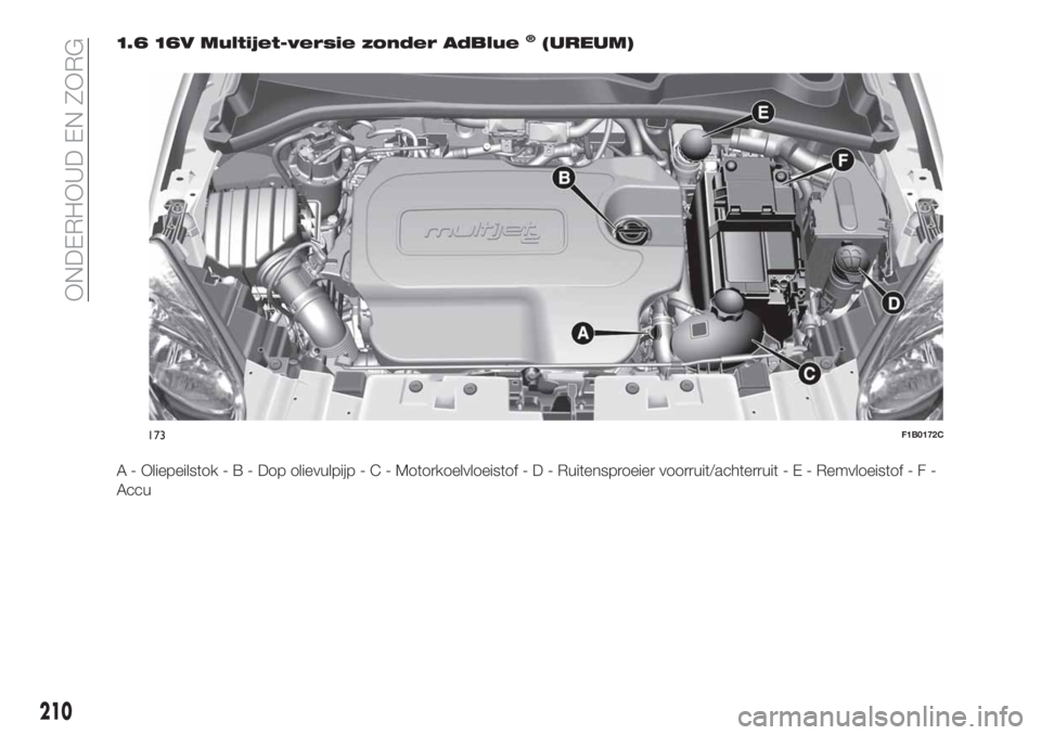 FIAT 500X 2019  Instructieboek (in Dutch) 1.6 16V Multijet-versie zonder AdBlue®(UREUM)
A - Oliepeilstok-B-Dopolievulpijp-C-Motorkoelvloeistof-D-Ruitensproeier voorruit/achterruit - E - Remvloeistof-F-
Accu
173F1B0172C
210
ONDERHOUD EN ZORG 