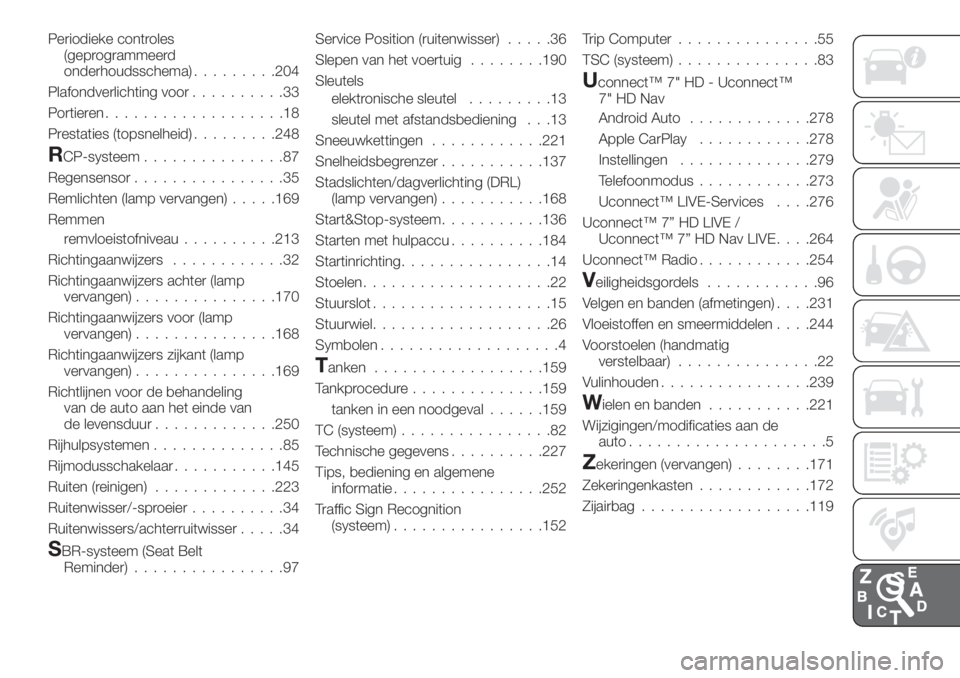 FIAT 500X 2019  Instructieboek (in Dutch) Periodieke controles
(geprogrammeerd
onderhoudsschema).........204
Plafondverlichting voor..........33
Portieren...................18
Prestaties (topsnelheid).........248
RCP-systeem...............87
