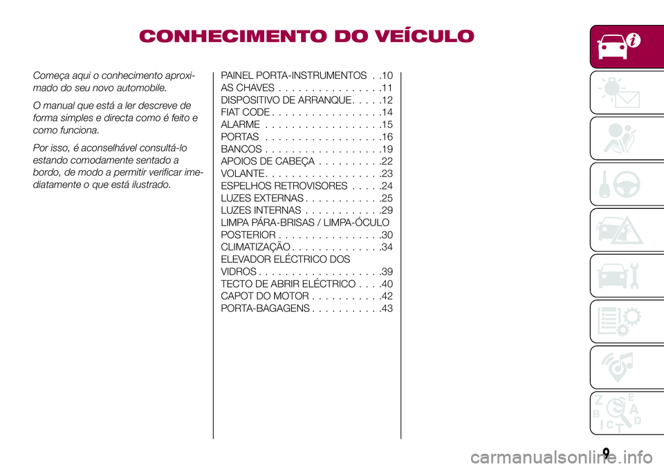 FIAT 500X 2017 Manual de Uso e Manutenção (in Portuguese) CONHECIMENTO DO VEÍCULO
Começa aqui o conhecimento aproxi-
mado do seu novo automobile.
O manual que está a ler descreve de
forma simples e directa como é feito e
como funciona.
Por isso, é acons FIAT 500X 2017 Manual de Uso e Manutenção (in Portuguese) CONHECIMENTO DO VEÍCULO
Começa aqui o conhecimento aproxi-
mado do seu novo automobile.
O manual que está a ler descreve de
forma simples e directa como é feito e
como funciona.
Por isso, é acons