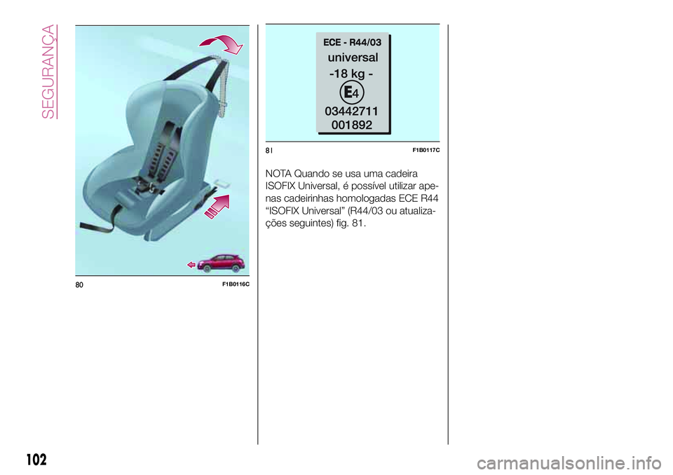 FIAT 500X 2017  Manual de Uso e Manutenção (in Portuguese) NOTA Quando se usa uma cadeira
ISOFIX Universal, é possível utilizar ape-
nas cadeirinhas homologadas ECE R44
“ISOFIX Universal” (R44/03 ou atualiza-
ções seguintes) fig. 81.
80F1B0116C
81F1B0