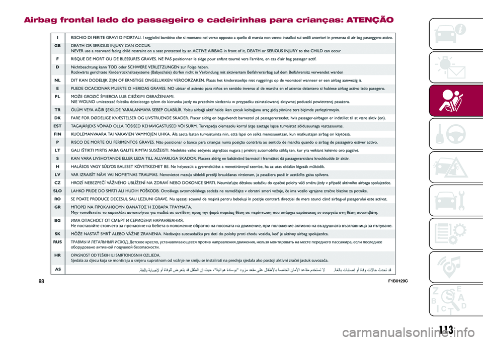 FIAT 500X 2017  Manual de Uso e Manutenção (in Portuguese) Airbag frontal lado do passageiro e cadeirinhas para crianças: ATENÇÃO
88F1B0129C
113 