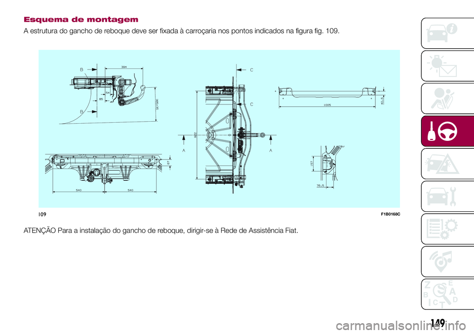 FIAT 500X 2017  Manual de Uso e Manutenção (in Portuguese) Esquema de montagem
A estrutura do gancho de reboque deve ser fixada à carroçaria nos pontos indicados na figura fig. 109.
ATENÇÃO Para a instalação do gancho de reboque, dirigir-se à Rede de A