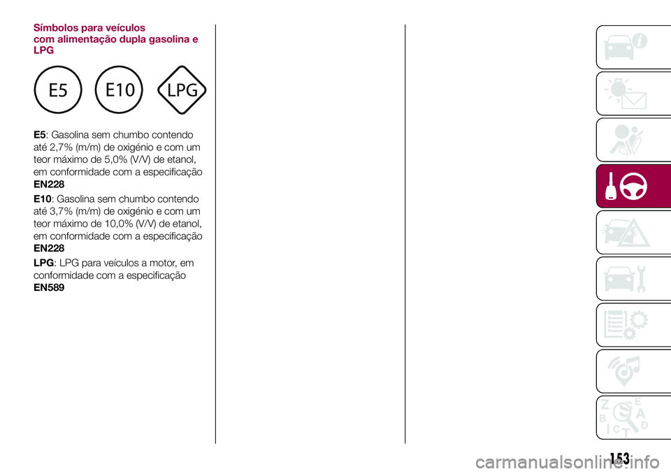 FIAT 500X 2017  Manual de Uso e Manutenção (in Portuguese) Símbolos para veículos
com alimentação dupla gasolina e
LPG
E5: Gasolina sem chumbo contendo
até 2,7% (m/m) de oxigénio e com um
teor máximo de 5,0% (V/V) de etanol,
em conformidade com a espec