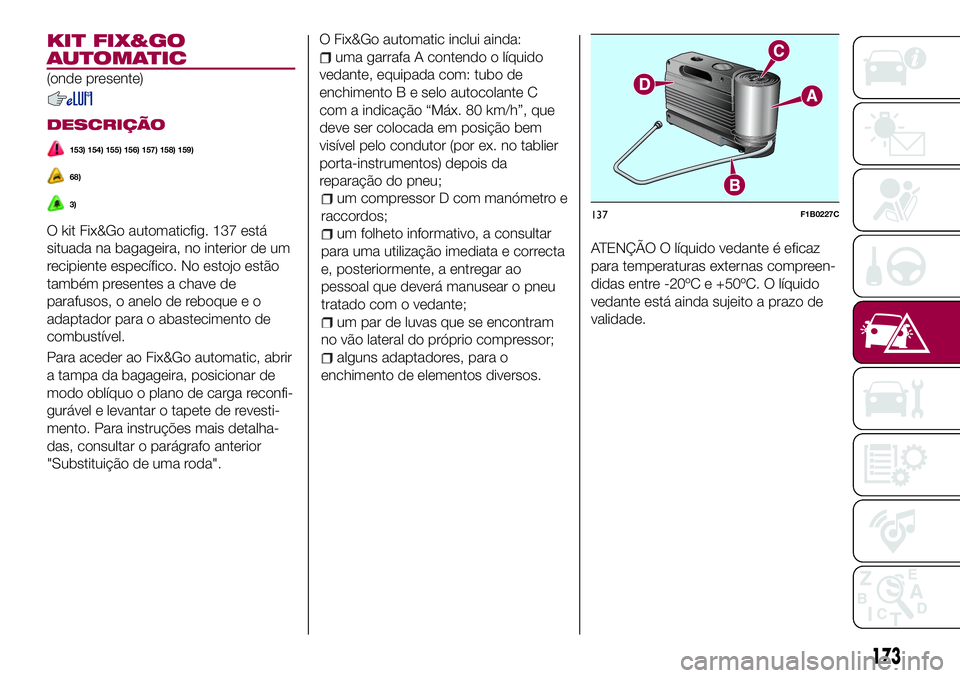 FIAT 500X 2017  Manual de Uso e Manutenção (in Portuguese) KIT FIX&GO
AUTOMATIC
(onde presente)
DESCRIÇÃO
153) 154) 155) 156) 157) 158) 159)
68)
3)
O kit Fix&Go automaticfig. 137 está
situada na bagageira, no interior de um
recipiente específico. No estoj