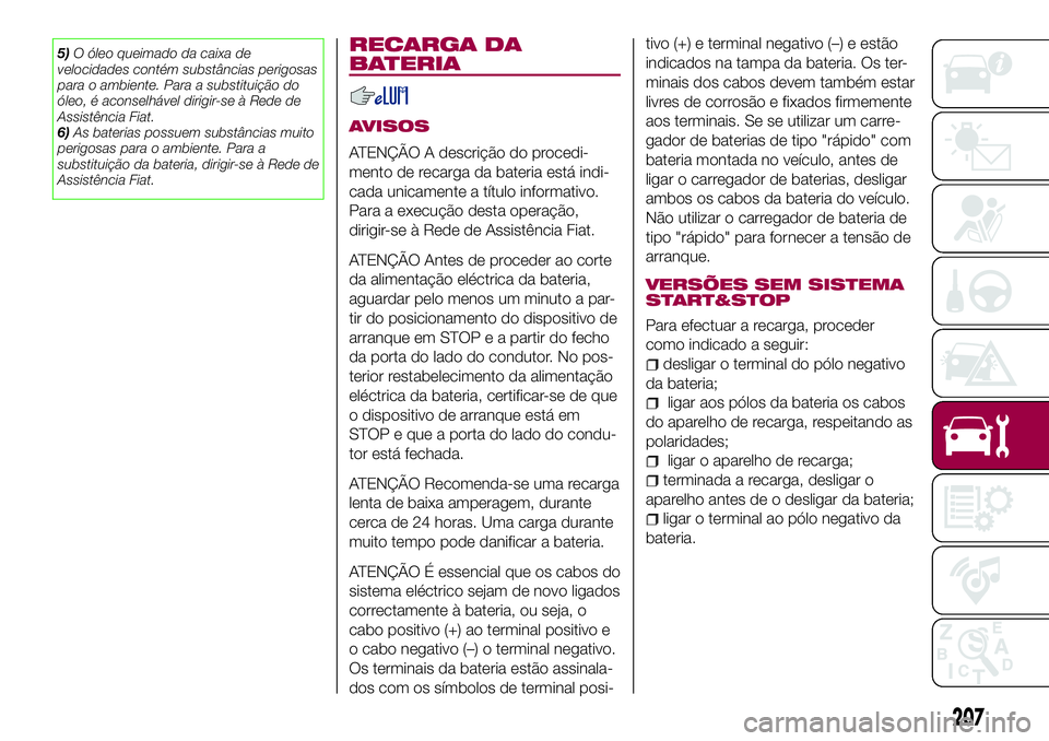 FIAT 500X 2017  Manual de Uso e Manutenção (in Portuguese) 5)O óleo queimado da caixa de
velocidades contém substâncias perigosas
para o ambiente. Para a substituição do
óleo, é aconselhável dirigir-se à Rede de
Assistência Fiat.
6)As baterias possu