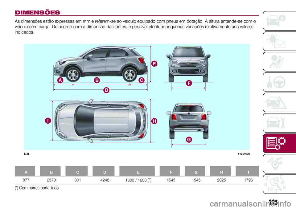 FIAT 500X 2017  Manual de Uso e Manutenção (in Portuguese) DIMENSÕES
As dimensões estão expressas em mm e referem-se ao veículo equipado com pneus em dotação. A altura entende-se com o
veículo sem carga. De acordo com a dimensão das jantes, é possív