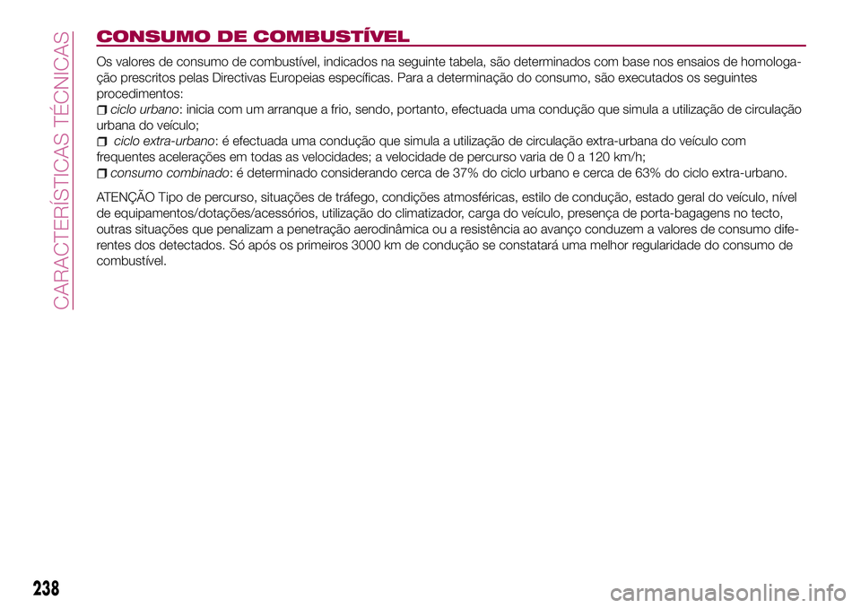 FIAT 500X 2017  Manual de Uso e Manutenção (in Portuguese) CONSUMO DE COMBUSTÍVEL
Os valores de consumo de combustível, indicados na seguinte tabela, são determinados com base nos ensaios de homologa-
ção prescritos pelas Directivas Europeias específica