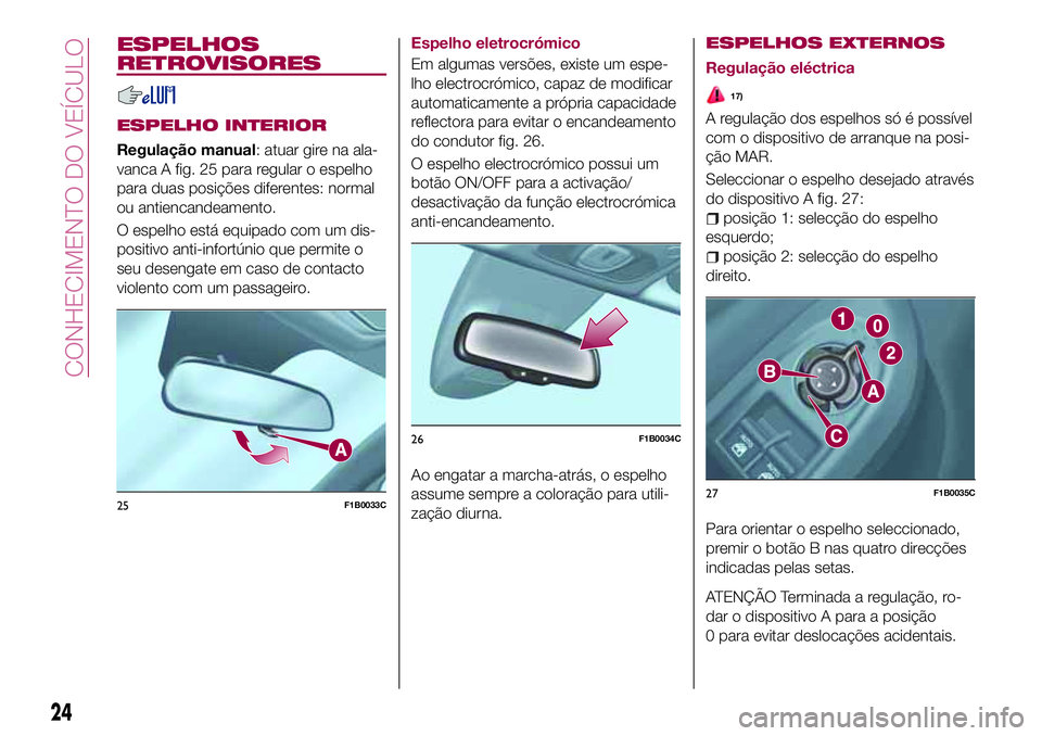 FIAT 500X 2017 Manual de Uso e Manutenção (in Portuguese) ESPELHOS
RETROVISORES
ESPELHO INTERIOR
Regulação manual: atuar gire na ala-
vanca A fig. 25 para regular o espelho
para duas posições diferentes: normal
ou antiencandeamento.
O espelho está equip FIAT 500X 2017 Manual de Uso e Manutenção (in Portuguese) ESPELHOS
RETROVISORES
ESPELHO INTERIOR
Regulação manual: atuar gire na ala-
vanca A fig. 25 para regular o espelho
para duas posições diferentes: normal
ou antiencandeamento.
O espelho está equip