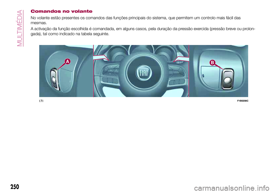FIAT 500X 2017 Manual de Uso e Manutenção (in Portuguese) Comandos no volante
No volante estão presentes os comandos das funções principais do sistema, que permitem um controlo mais fácil das
mesmas.
A activação da função escolhida é comandada, em a FIAT 500X 2017 Manual de Uso e Manutenção (in Portuguese) Comandos no volante
No volante estão presentes os comandos das funções principais do sistema, que permitem um controlo mais fácil das
mesmas.
A activação da função escolhida é comandada, em a