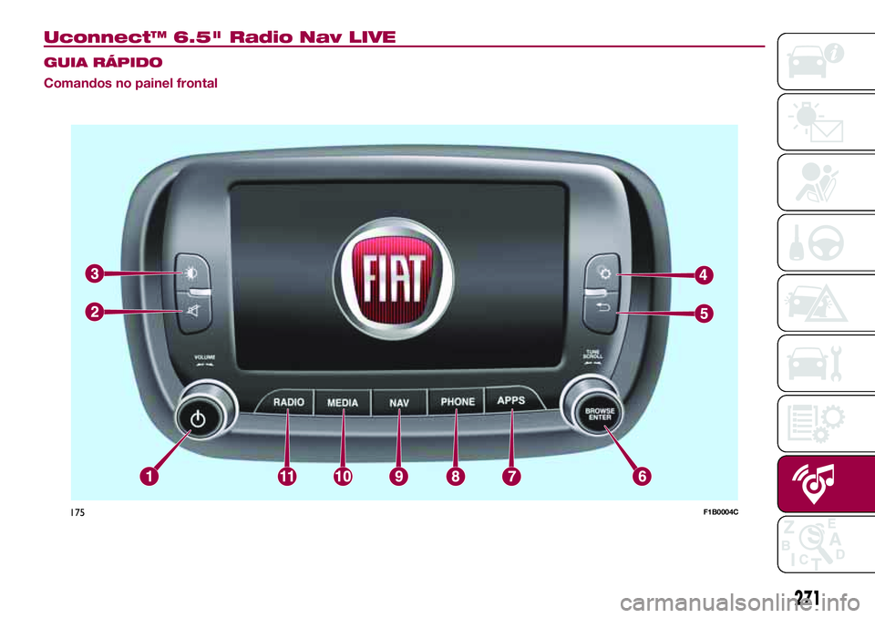 FIAT 500X 2017 Manual de Uso e Manutenção (in Portuguese) Uconnect™ 6.5" Radio Nav LIVE
GUIA RÁPIDO
Comandos no painel frontal
271
175F1B0004C FIAT 500X 2017 Manual de Uso e Manutenção (in Portuguese) Uconnect™ 6.5" Radio Nav LIVE
GUIA RÁPIDO
Comandos no painel frontal
271
175F1B0004C