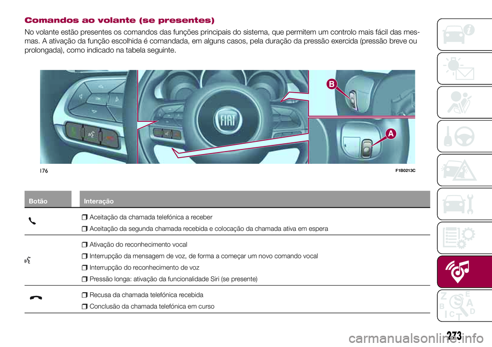 FIAT 500X 2017 Manual de Uso e Manutenção (in Portuguese) Comandos ao volante (se presentes)
No volante estão presentes os comandos das funções principais do sistema, que permitem um controlo mais fácil das mes-
mas. A ativação da função escolhida é FIAT 500X 2017 Manual de Uso e Manutenção (in Portuguese) Comandos ao volante (se presentes)
No volante estão presentes os comandos das funções principais do sistema, que permitem um controlo mais fácil das mes-
mas. A ativação da função escolhida é