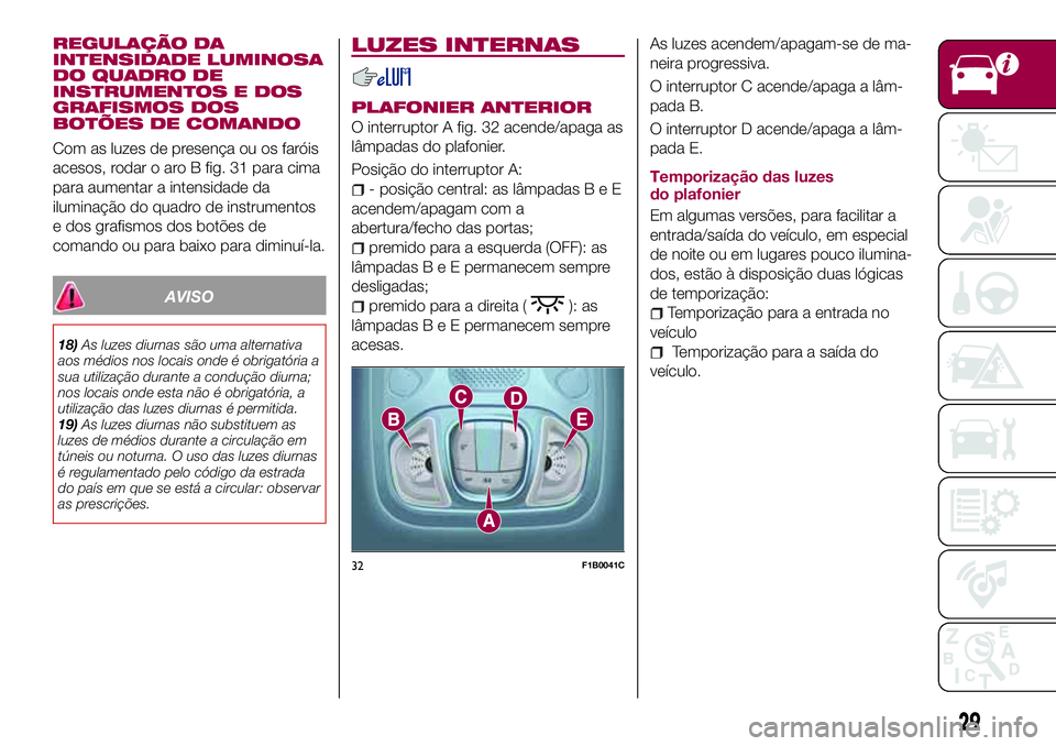 FIAT 500X 2017  Manual de Uso e Manutenção (in Portuguese) REGULAÇÃO DA
INTENSIDADE LUMINOSA
DO QUADRO DE
INSTRUMENTOS E DOS
GRAFISMOS DOS
BOTÕES DE COMANDO
Com as luzes de presença ou os faróis
acesos, rodar o aro B fig. 31 para cima
para aumentar a int