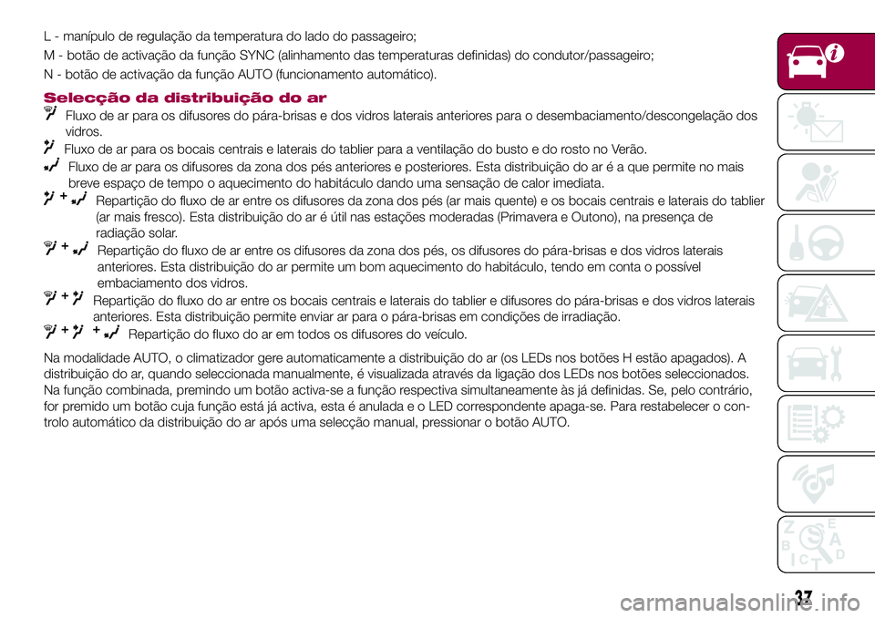 FIAT 500X 2017  Manual de Uso e Manutenção (in Portuguese) L - manípulo de regulação da temperatura do lado do passageiro;
M - botão de activação da função SYNC (alinhamento das temperaturas definidas) do condutor/passageiro;
N - botão de activação