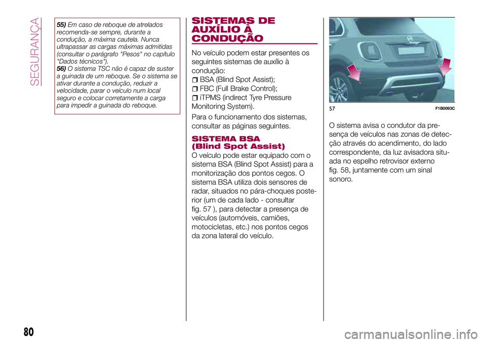 FIAT 500X 2017  Manual de Uso e Manutenção (in Portuguese) 55)Em caso de reboque de atrelados
recomenda-se sempre, durante a
condução, a máxima cautela. Nunca
ultrapassar as cargas máximas admitidas
(consultar o parágrafo "Pesos" no capítulo
