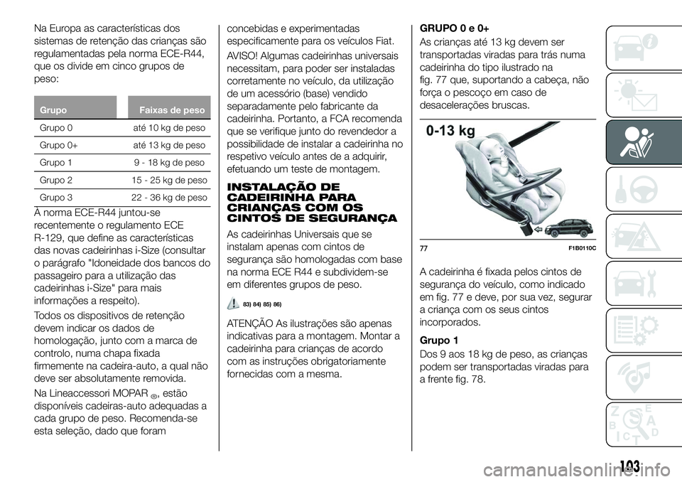 FIAT 500X 2018 Manual de Uso e Manutenção (in Portuguese) Na Europa as características dos
sistemas de retenção das crianças são
regulamentadas pela norma ECE-R44,
que os divide em cinco grupos de
peso:
GrupoFaixas de peso
Grupo 0 até 10 kg de peso
Gru FIAT 500X 2018 Manual de Uso e Manutenção (in Portuguese) Na Europa as características dos
sistemas de retenção das crianças são
regulamentadas pela norma ECE-R44,
que os divide em cinco grupos de
peso:
GrupoFaixas de peso
Grupo 0 até 10 kg de peso
Gru
