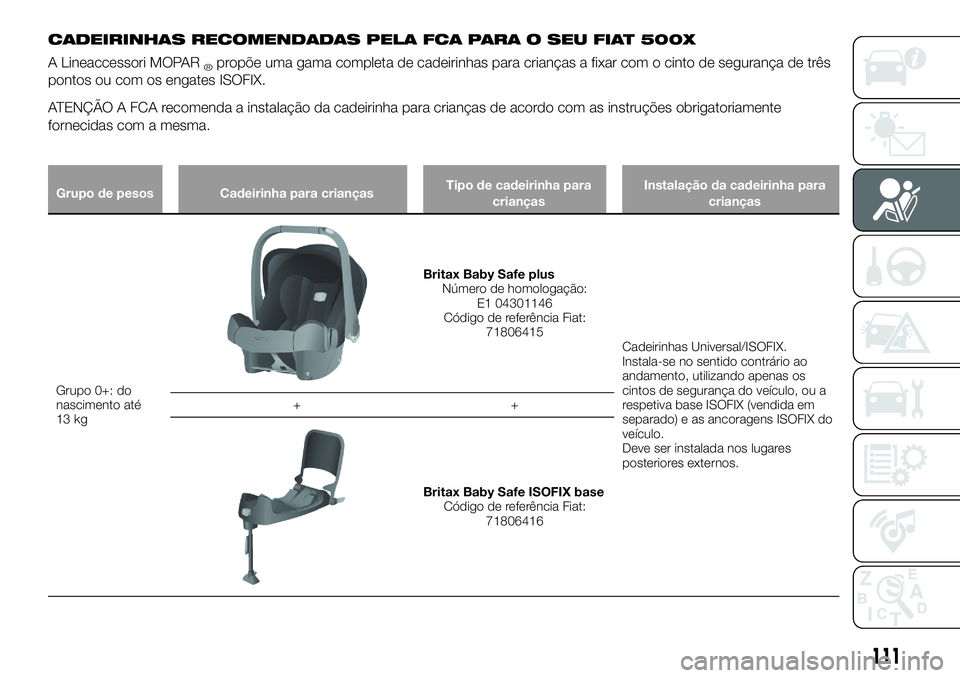 FIAT 500X 2018  Manual de Uso e Manutenção (in Portuguese) CADEIRINHAS RECOMENDADAS PELA FCA PARA O SEU FIAT 500X
A Lineaccessori MOPAR®propõe uma gama completa de cadeirinhas para crianças a fixar com o cinto de segurança de três
pontos ou com os engate