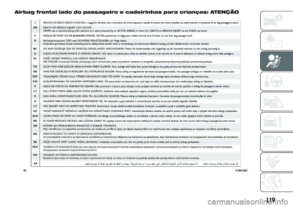 FIAT 500X 2018  Manual de Uso e Manutenção (in Portuguese) Airbag frontal lado do passageiro e cadeirinhas para crianças: ATENÇÃO
91F1B0129C
119 