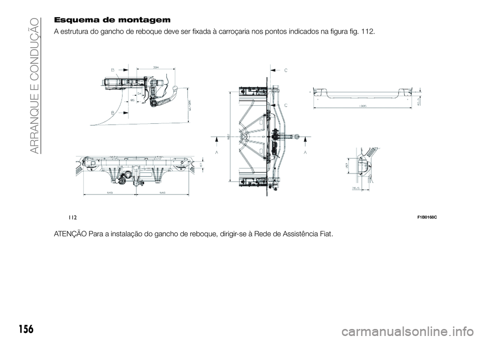FIAT 500X 2018  Manual de Uso e Manutenção (in Portuguese) Esquema de montagem
A estrutura do gancho de reboque deve ser fixada à carroçaria nos pontos indicados na figura fig. 112.
ATENÇÃO Para a instalação do gancho de reboque, dirigir-se à Rede de A