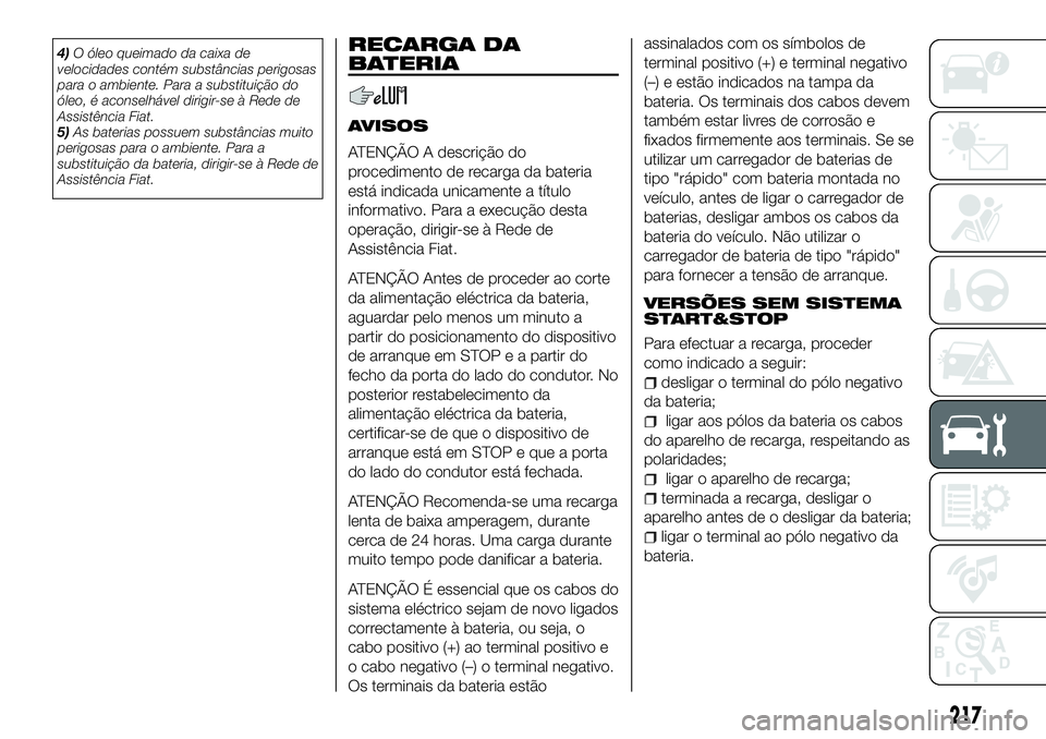 FIAT 500X 2018 Manual de Uso e Manutenção (in Portuguese) 4)O óleo queimado da caixa de
velocidades contém substâncias perigosas
para o ambiente. Para a substituição do
óleo, é aconselhável dirigir-se à Rede de
Assistência Fiat.
5) As baterias poss FIAT 500X 2018 Manual de Uso e Manutenção (in Portuguese) 4)O óleo queimado da caixa de
velocidades contém substâncias perigosas
para o ambiente. Para a substituição do
óleo, é aconselhável dirigir-se à Rede de
Assistência Fiat.
5) As baterias poss