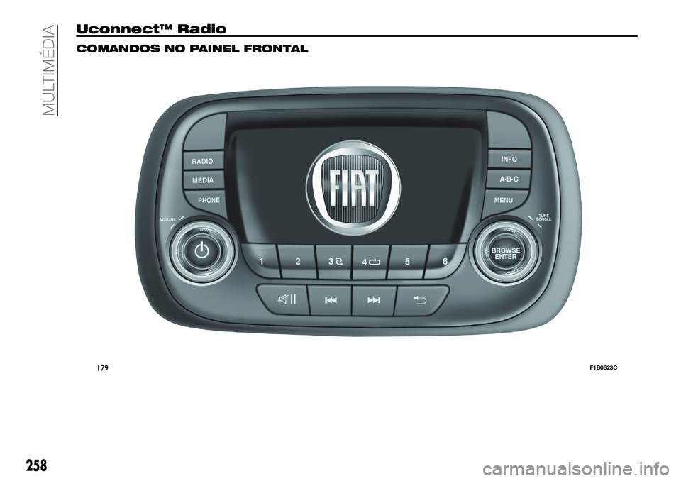 FIAT 500X 2018  Manual de Uso e Manutenção (in Portuguese) Uconnect™ Radio
COMANDOS NO PAINEL FRONTAL
179F1B0623C
258
MULTIMÉDIA 