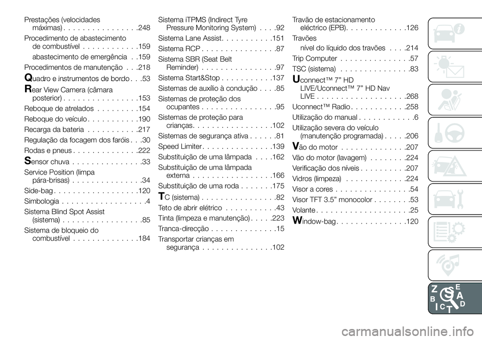 FIAT 500X 2018  Manual de Uso e Manutenção (in Portuguese) Prestações (velocidadesmáximas) ................248
Procedimento de abastecimento de combustível ............159
abastecimento de emergência . .159
Procedimentos de manutenção . . .218
Quadro e