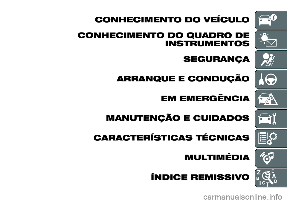 FIAT 500X 2019 Manual de Uso e Manutenção (in Portuguese) CONHECIMENTO DO VEÍCULO
CONHECIMENTO DO QUADRO DE
INSTRUMENTOS
SEGURANÇA
ARRANQUE E CONDUÇÃO
EM EMERGÊNCIA
MANUTENÇÃO E CUIDADOS
CARACTERÍSTICAS TÉCNICAS
MULTIMÉDIA
ÍNDICE REMISSIVO FIAT 500X 2019 Manual de Uso e Manutenção (in Portuguese) CONHECIMENTO DO VEÍCULO
CONHECIMENTO DO QUADRO DE
INSTRUMENTOS
SEGURANÇA
ARRANQUE E CONDUÇÃO
EM EMERGÊNCIA
MANUTENÇÃO E CUIDADOS
CARACTERÍSTICAS TÉCNICAS
MULTIMÉDIA
ÍNDICE REMISSIVO
