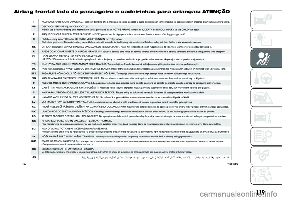 FIAT 500X 2019 Manual de Uso e Manutenção (in Portuguese) Airbag frontal lado do passageiro e cadeirinhas para crianças: ATENÇÃO
86F1B0129C
119 FIAT 500X 2019 Manual de Uso e Manutenção (in Portuguese) Airbag frontal lado do passageiro e cadeirinhas para crianças: ATENÇÃO
86F1B0129C
119