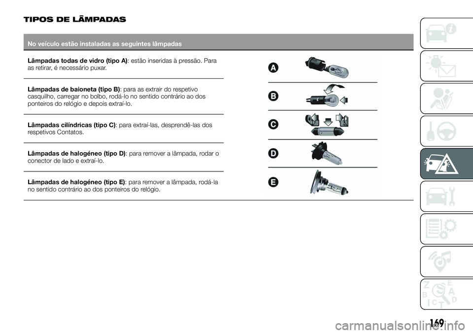 FIAT 500X 2019  Manual de Uso e Manutenção (in Portuguese) TIPOS DE LÂMPADAS
No veículo estão instaladas as seguintes lâmpadas
Lâmpadas todas de vidro (tipo A): estão inseridas à pressão. Para
as retirar, é necessário puxar.
Lâmpadas de baioneta (t