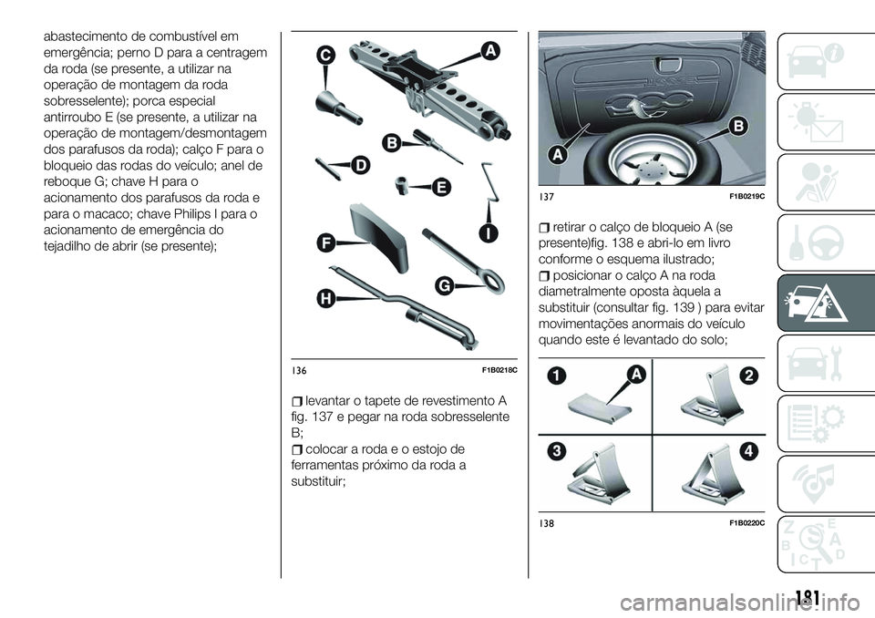FIAT 500X 2019 Manual de Uso e Manutenção (in Portuguese) abastecimento de combustível em
emergência; perno D para a centragem
da roda (se presente, a utilizar na
operação de montagem da roda
sobresselente); porca especial
antirroubo E (se presente, a ut FIAT 500X 2019 Manual de Uso e Manutenção (in Portuguese) abastecimento de combustível em
emergência; perno D para a centragem
da roda (se presente, a utilizar na
operação de montagem da roda
sobresselente); porca especial
antirroubo E (se presente, a ut