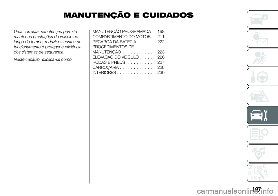FIAT 500X 2019 Manual de Uso e Manutenção (in Portuguese) MANUTENÇÃO E CUIDADOS
Uma correcta manutenção permite
manter as prestações do veículo ao
longo do tempo, reduzir os custos de
funcionamento e proteger a eficiência
dos sistemas de segurança.
FIAT 500X 2019 Manual de Uso e Manutenção (in Portuguese) MANUTENÇÃO E CUIDADOS
Uma correcta manutenção permite
manter as prestações do veículo ao
longo do tempo, reduzir os custos de
funcionamento e proteger a eficiência
dos sistemas de segurança.