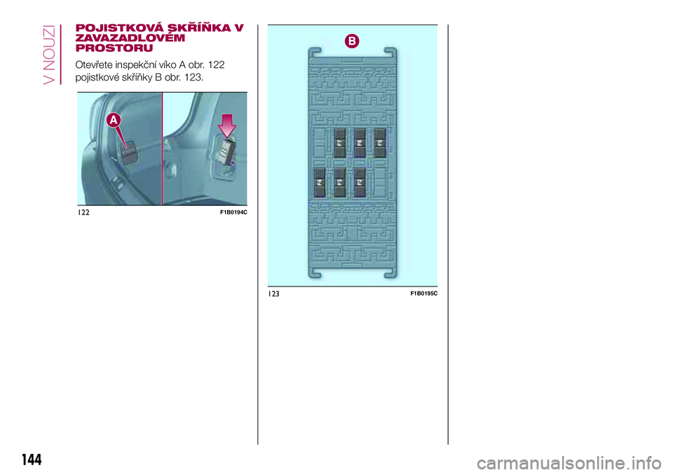 FIAT 500X 2017  Návod k použití a údržbě (in Czech) POJISTKOVÁ SKŘÍŇKA V
ZAVAZADLOVÉM
PROSTORU
Otevřete inspekční víko A obr. 122
pojistkové skříňky B obr. 123.
122F1B0194C
123F1B0195C
144
V NOUZI 