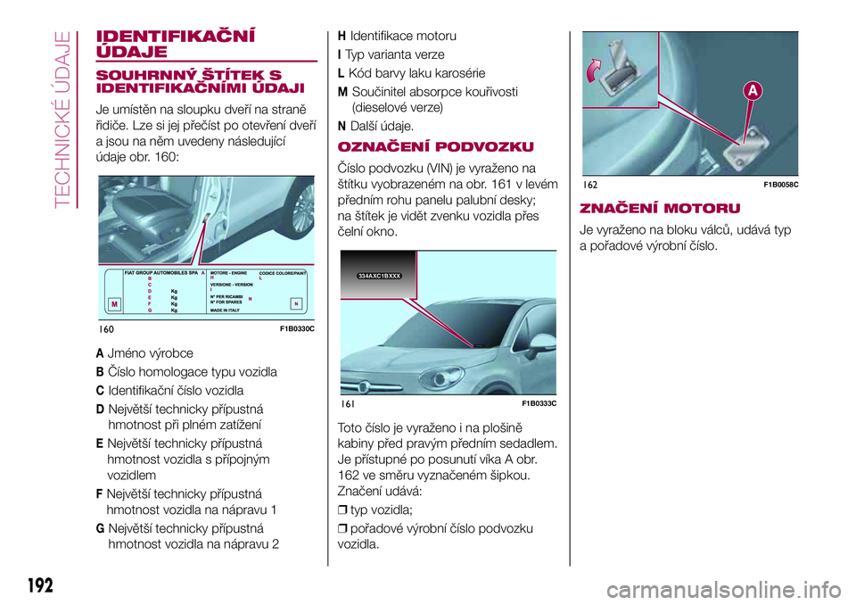 FIAT 500X 2017 Návod k použití a údržbě (in Czech) IDENTIFIKAČNÍ
ÚDAJE
SOUHRNNÝ ŠTÍTEK S
IDENTIFIKAČNÍMI ÚDAJI
Je umístěn na sloupku dveří na straně
řidiče. Lze si jej přečíst po otevření dveří
a jsou na něm uvedeny následují FIAT 500X 2017 Návod k použití a údržbě (in Czech) IDENTIFIKAČNÍ
ÚDAJE
SOUHRNNÝ ŠTÍTEK S
IDENTIFIKAČNÍMI ÚDAJI
Je umístěn na sloupku dveří na straně
řidiče. Lze si jej přečíst po otevření dveří
a jsou na něm uvedeny následují