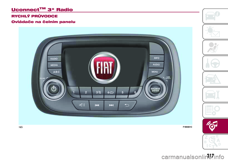 FIAT 500X 2017 Návod k použití a údržbě (in Czech) UconnectTM3" Radio.
RYCHLÝ PRŮVODCE
Ovládače na čelním panelu
165F1B0001C
217 FIAT 500X 2017 Návod k použití a údržbě (in Czech) UconnectTM3" Radio.
RYCHLÝ PRŮVODCE
Ovládače na čelním panelu
165F1B0001C
217