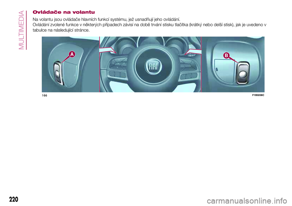 FIAT 500X 2017  Návod k použití a údržbě (in Czech) Ovládače na volantu
Na volantu jsou ovládače hlavních funkcí systému, jež usnadňují jeho ovládání.
Ovládání zvolené funkce v některých případech závisí na době trvání stisku 