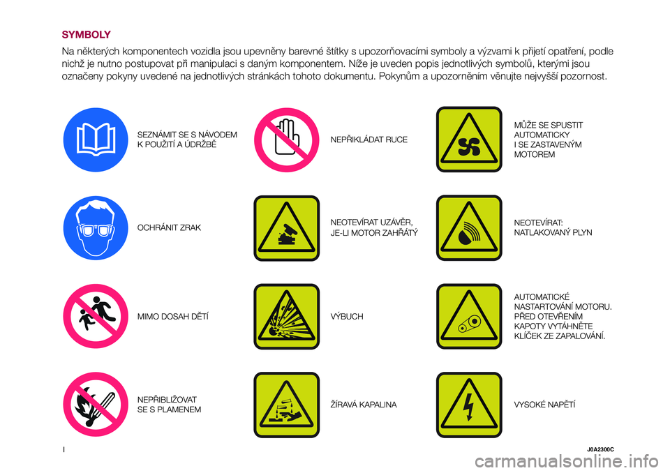 FIAT 500X 2017  Návod k použití a údržbě (in Czech) SYMBOLY
Na některých komponentech vozidla jsou upevněny barevné štítky s upozorňovacími symboly a výzvami k přijetí opatření, podle
nichž je nutno postupovat při manipulaci s daným kom