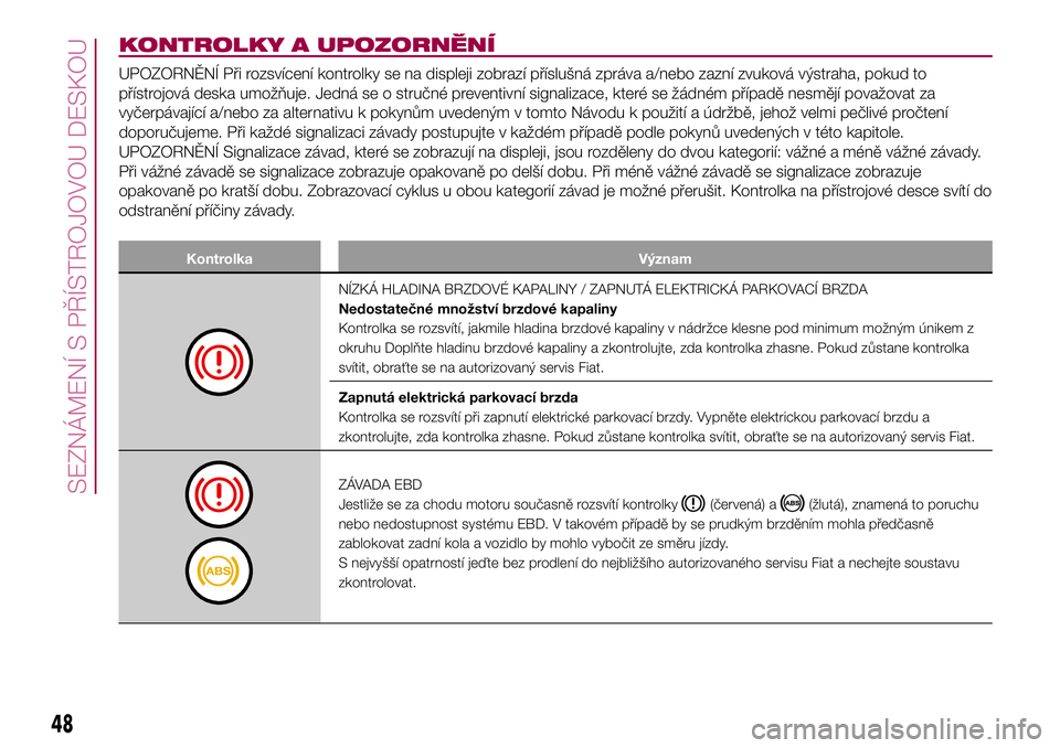 FIAT 500X 2017  Návod k použití a údržbě (in Czech) KONTROLKY A UPOZORNĚNÍ
UPOZORNĚNÍ Při rozsvícení kontrolky se na displeji zobrazí příslušná zpráva a/nebo zazní zvuková výstraha, pokud to
přístrojová deska umožňuje. Jedná se o 