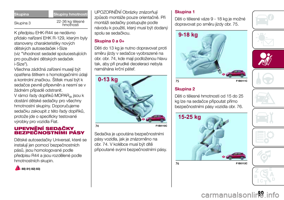 FIAT 500X 2017  Návod k použití a údržbě (in Czech) Skupina Skupiny hmotností
Skupina 322-36 kg tělesné
hmotnosti
K předpisu EHK-R44 se nedávno
přidalo nařízení EHK R-129, kterým byly
stanoveny charakteristiky nových
dětských autosedaček 