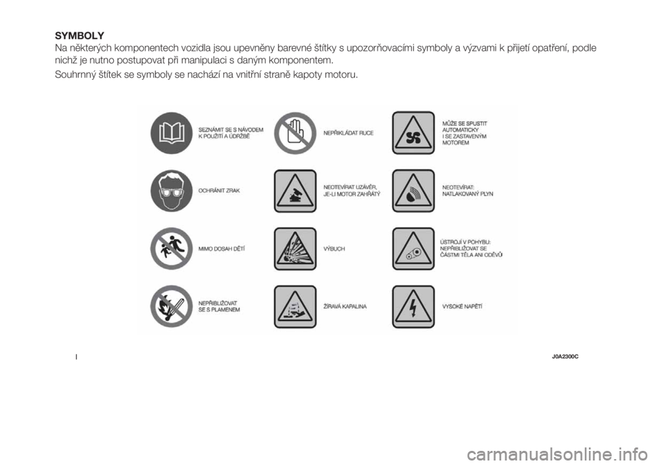 FIAT 500X 2018  Návod k použití a údržbě (in Czech) SYMBOLY
Na některých komponentech vozidla jsou upevněny barevné štítky s upozorňovacími symboly a výzvami k přijetí opatření, podle
nichž je nutno postupovat při manipulaci s daným kom