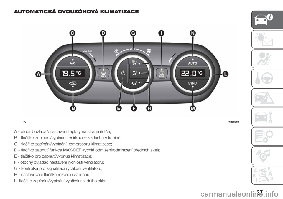 FIAT 500X 2019  Návod k použití a údržbě (in Czech) AUTOMATICKÁ DVOUZÓNOVÁ KLIMATIZACE
A - otočný ovladač nastavení teploty na straně řidiče;
B - tlačítko zapínání/vypínání recirkulace vzduchu v kabině;
C - tlačítko zapínání/vyp