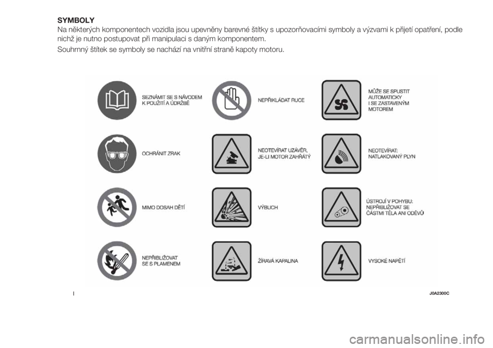 FIAT 500X 2019  Návod k použití a údržbě (in Czech) SYMBOLY
Na některých komponentech vozidla jsou upevněny barevné štítky s upozorňovacími symboly a výzvami k přijetí opatření, podle
nichž je nutno postupovat při manipulaci s daným kom