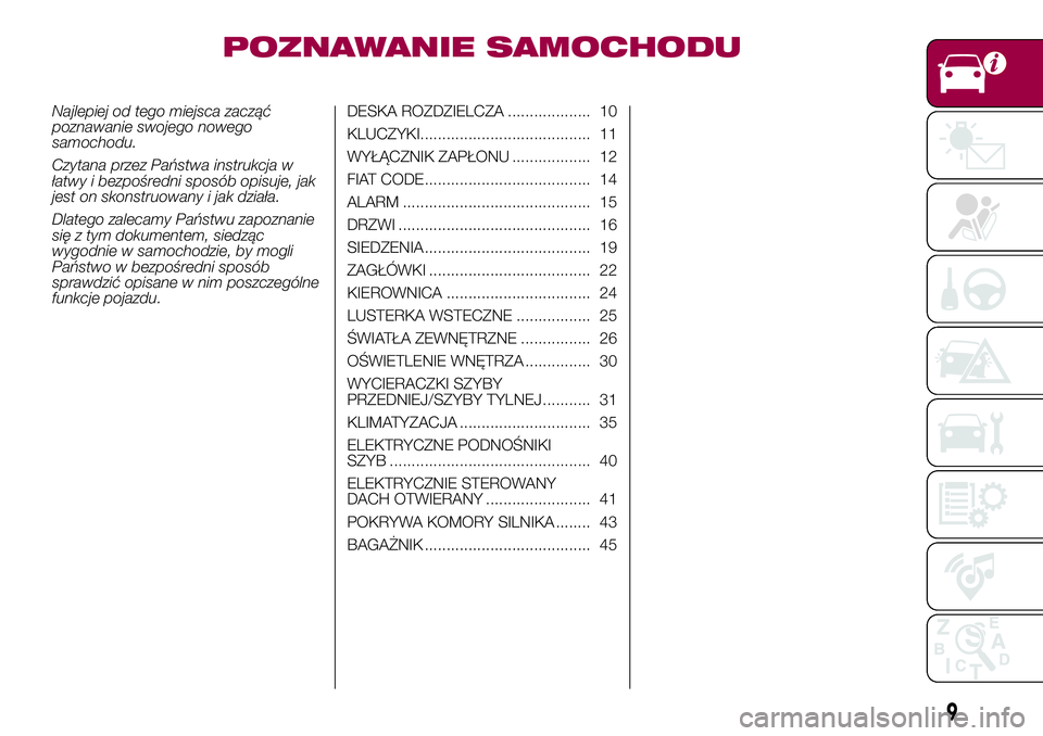 FIAT 500X 2017  Instrukcja obsługi (in Polish) POZNAWANIE SAMOCHODU
Najlepiej od tego miejsca zacząć
poznawanie swojego nowego
samochodu.
Czytana przez Państwa instrukcja w
łatwy i bezpośredni sposób opisuje, jak
jest on skonstruowany i jak 