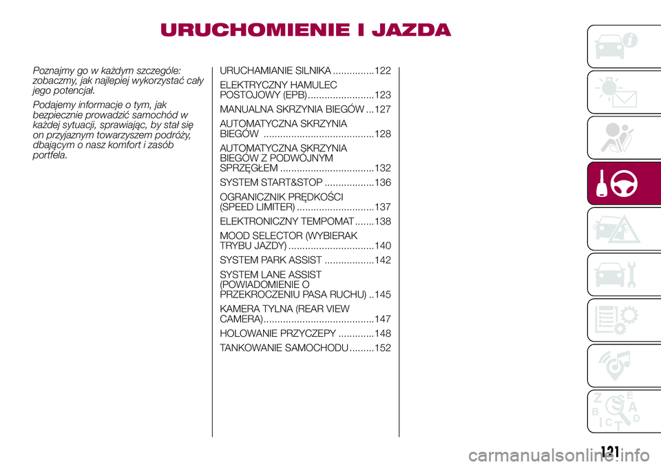 FIAT 500X 2017  Instrukcja obsługi (in Polish) URUCHOMIENIE I JAZDA
Poznajmy go w każdym szczególe:
zobaczmy, jak najlepiej wykorzystać cały
jego potencjał.
Podajemy informacje o tym, jak
bezpiecznie prowadzić samochód w
każdej sytuacji, s