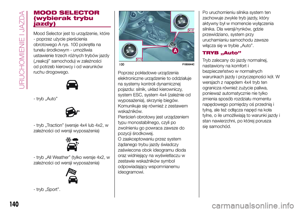 FIAT 500X 2017  Instrukcja obsługi (in Polish) MOOD SELECTOR
(wybierak trybu
jazdy)
Mood Selector jest to urządzenie, które
- poprzez użycie pierścienia
obrotowego A rys. 100 pokrętła na
tunelu środkowym - umożliwia
ustawienie trzech róż