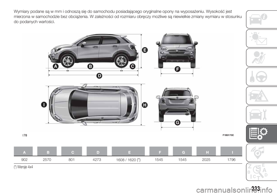 FIAT 500X 2018 Instrukcja obsługi (in Polish) Wymiary podane są w mm i odnoszą się do samochodu posiadającego oryginalne opony na wyposażeniu. Wysokość jest
mierzona w samochodzie bez obciążenia. W zależności od rozmiaru obręczy możl FIAT 500X 2018 Instrukcja obsługi (in Polish) Wymiary podane są w mm i odnoszą się do samochodu posiadającego oryginalne opony na wyposażeniu. Wysokość jest
mierzona w samochodzie bez obciążenia. W zależności od rozmiaru obręczy możl