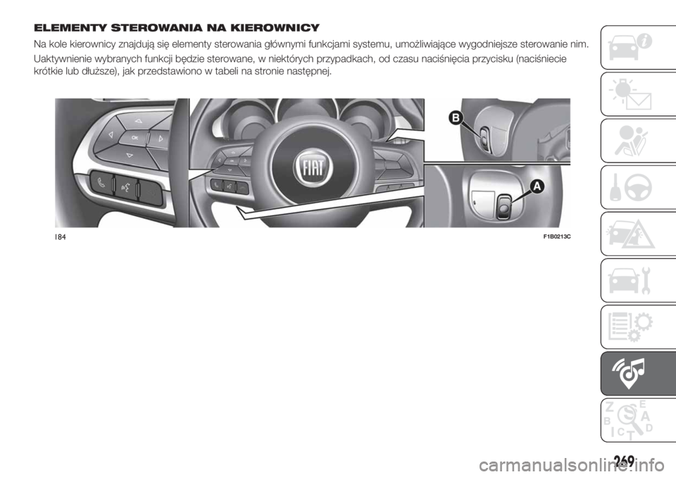 FIAT 500X 2018 Instrukcja obsługi (in Polish) ELEMENTY STEROWANIA NA KIEROWNICY
Na kole kierownicy znajdują się elementy sterowania głównymi funkcjami systemu, umożliwiające wygodniejsze sterowanie nim.
Uaktywnienie wybranych funkcji będzi FIAT 500X 2018 Instrukcja obsługi (in Polish) ELEMENTY STEROWANIA NA KIEROWNICY
Na kole kierownicy znajdują się elementy sterowania głównymi funkcjami systemu, umożliwiające wygodniejsze sterowanie nim.
Uaktywnienie wybranych funkcji będzi