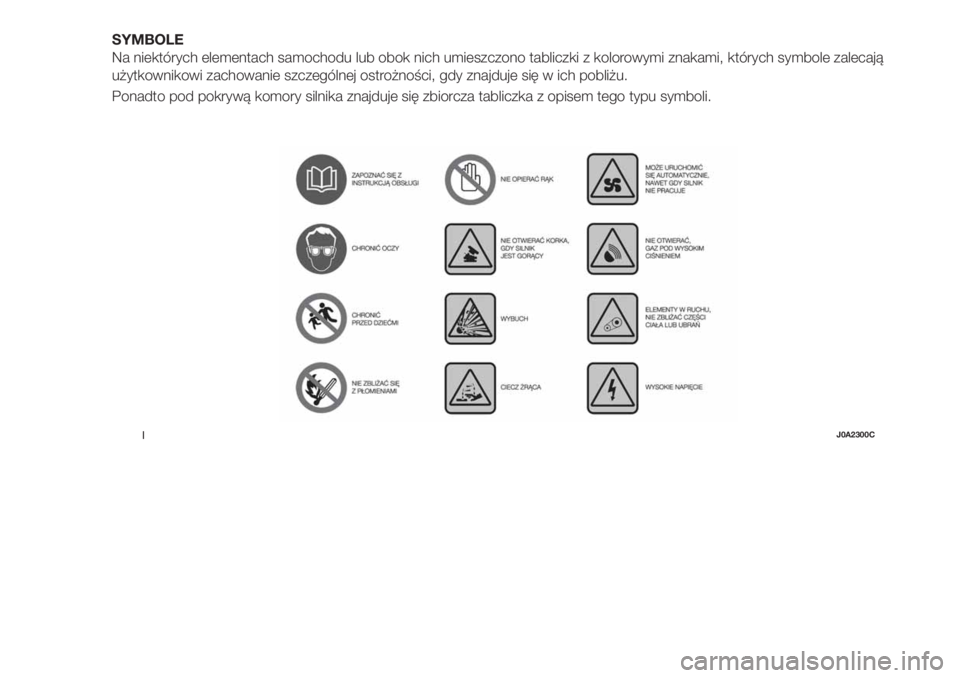 FIAT 500X 2018  Instrukcja obsługi (in Polish) SYMBOLE
Na niektórych elementach samochodu lub obok nich umieszczono tabliczki z kolorowymi znakami, których symbole zalecają
użytkownikowi zachowanie szczególnej ostrożności, gdy znajduje się