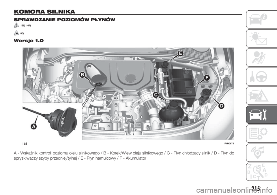FIAT 500X 2019 Instrukcja obsługi (in Polish) KOMORA SILNIKA
SPRAWDZANIE POZIOMÓW PŁYNÓW
166) 167)
80)
Wersje 1.0
A - Wskaźnik kontroli poziomu oleju silnikowego/B-Korek/Wlew oleju silnikowego/C-Płyn chłodzący silnik/D-Płyn do
spryskiwacz FIAT 500X 2019 Instrukcja obsługi (in Polish) KOMORA SILNIKA
SPRAWDZANIE POZIOMÓW PŁYNÓW
166) 167)
80)
Wersje 1.0
A - Wskaźnik kontroli poziomu oleju silnikowego/B-Korek/Wlew oleju silnikowego/C-Płyn chłodzący silnik/D-Płyn do
spryskiwacz