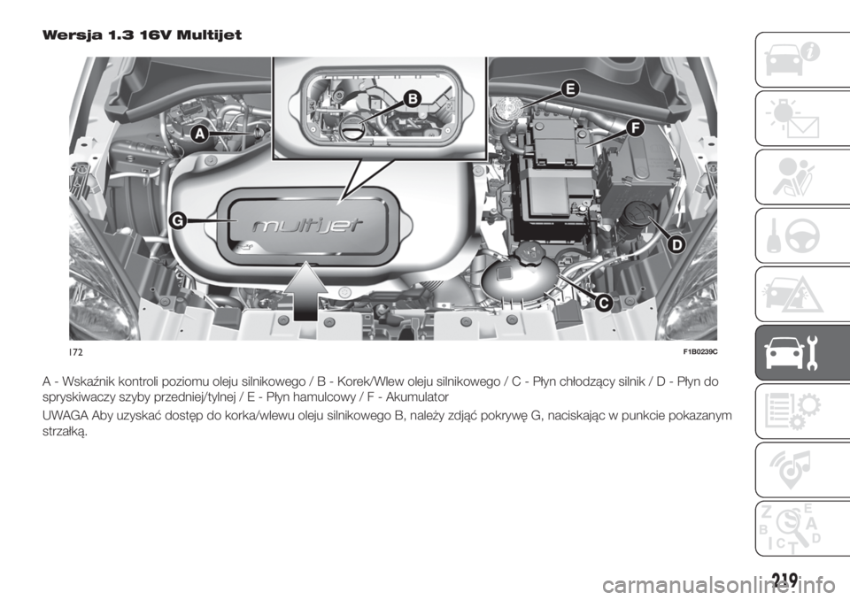FIAT 500X 2019 Instrukcja obsługi (in Polish) Wersja 1.3 16V Multijet
A - Wskaźnik kontroli poziomu oleju silnikowego/B-Korek/Wlew oleju silnikowego/C-Płyn chłodzący silnik/D-Płyn do
spryskiwaczy szyby przedniej/tylnej/E-Płyn hamulcowy/F-Ak FIAT 500X 2019 Instrukcja obsługi (in Polish) Wersja 1.3 16V Multijet
A - Wskaźnik kontroli poziomu oleju silnikowego/B-Korek/Wlew oleju silnikowego/C-Płyn chłodzący silnik/D-Płyn do
spryskiwaczy szyby przedniej/tylnej/E-Płyn hamulcowy/F-Ak